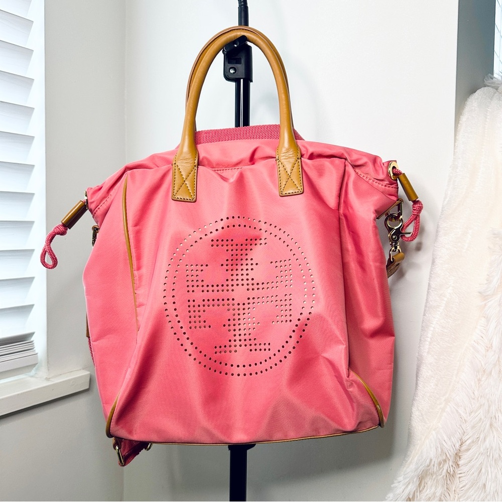 Tory Burch Pink Tote Crossbody Bag Purse Leather Handle Nylon Handbag